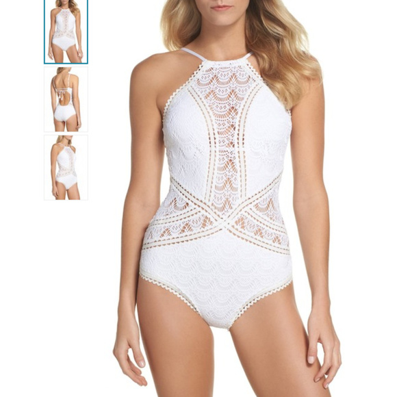BECCA Other - BECCA white lace crochet one-piece swimsuit Halter